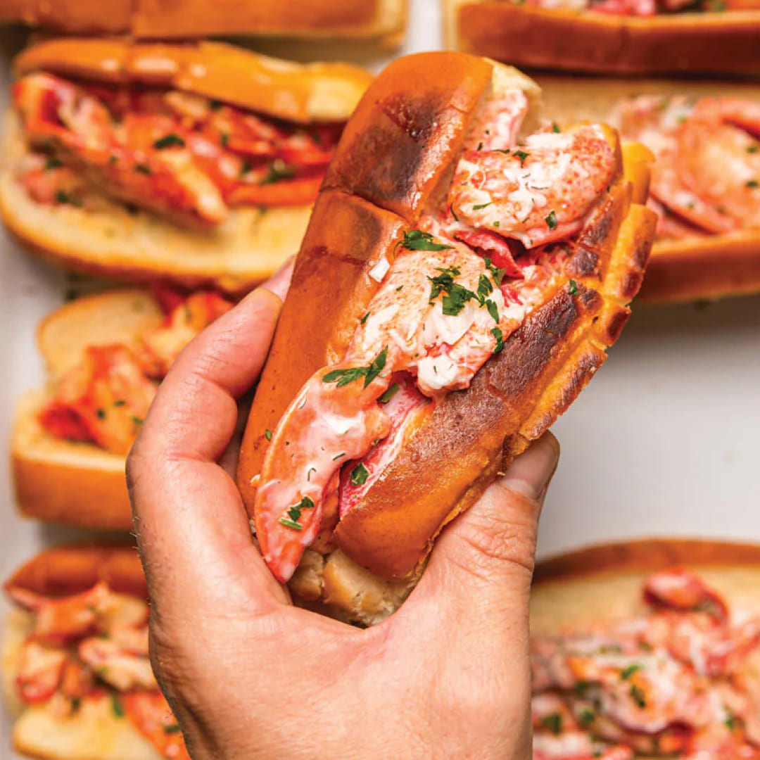Hand holding a lobster roll