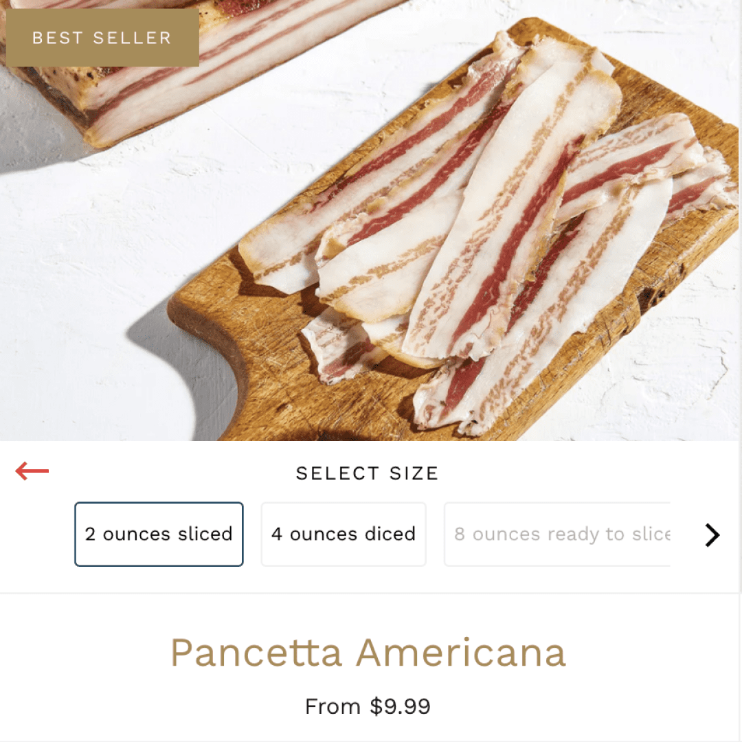 La Quercia Product Card presenting sized options
