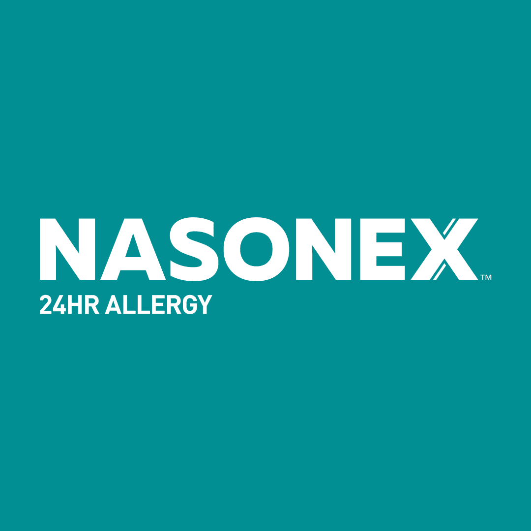 White Nasonex logo on a dark teal background