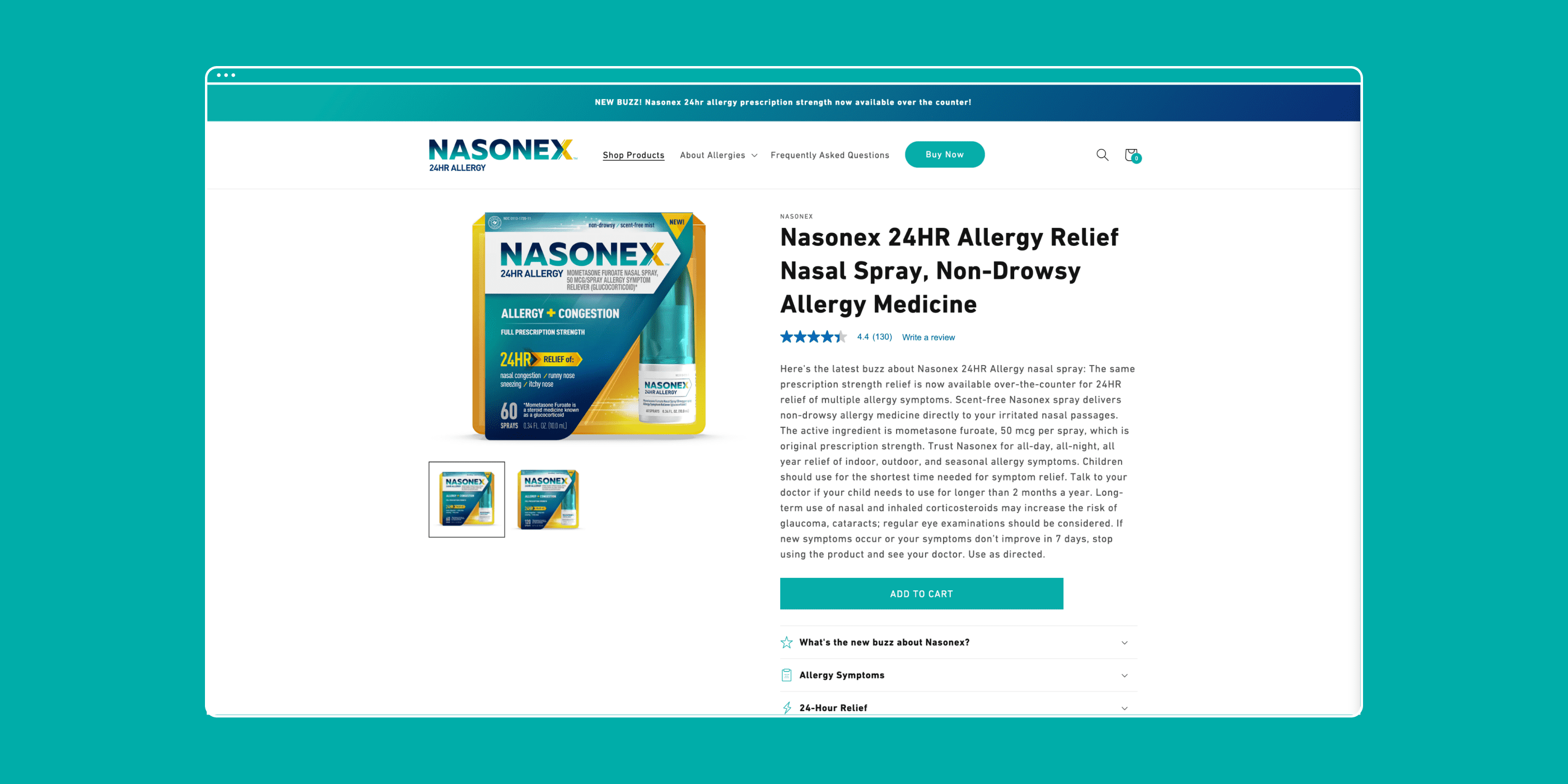 Nasonex Product Detail Page on a desktop device